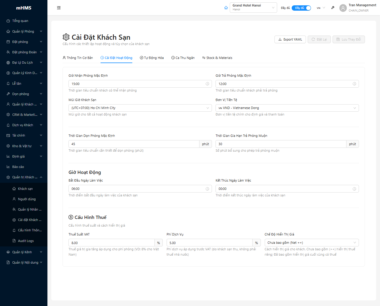 Modal Operation Settings với 5 tùy chọn