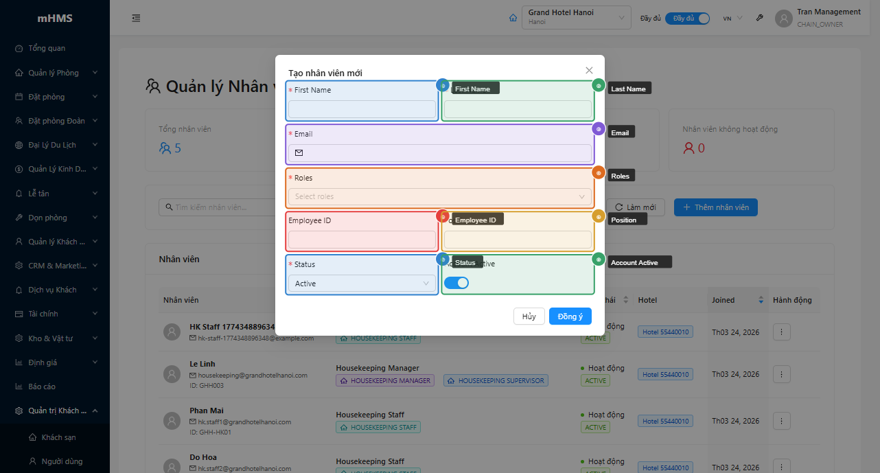 Form tạo hồ sơ nhân viên mới với 8 trường
