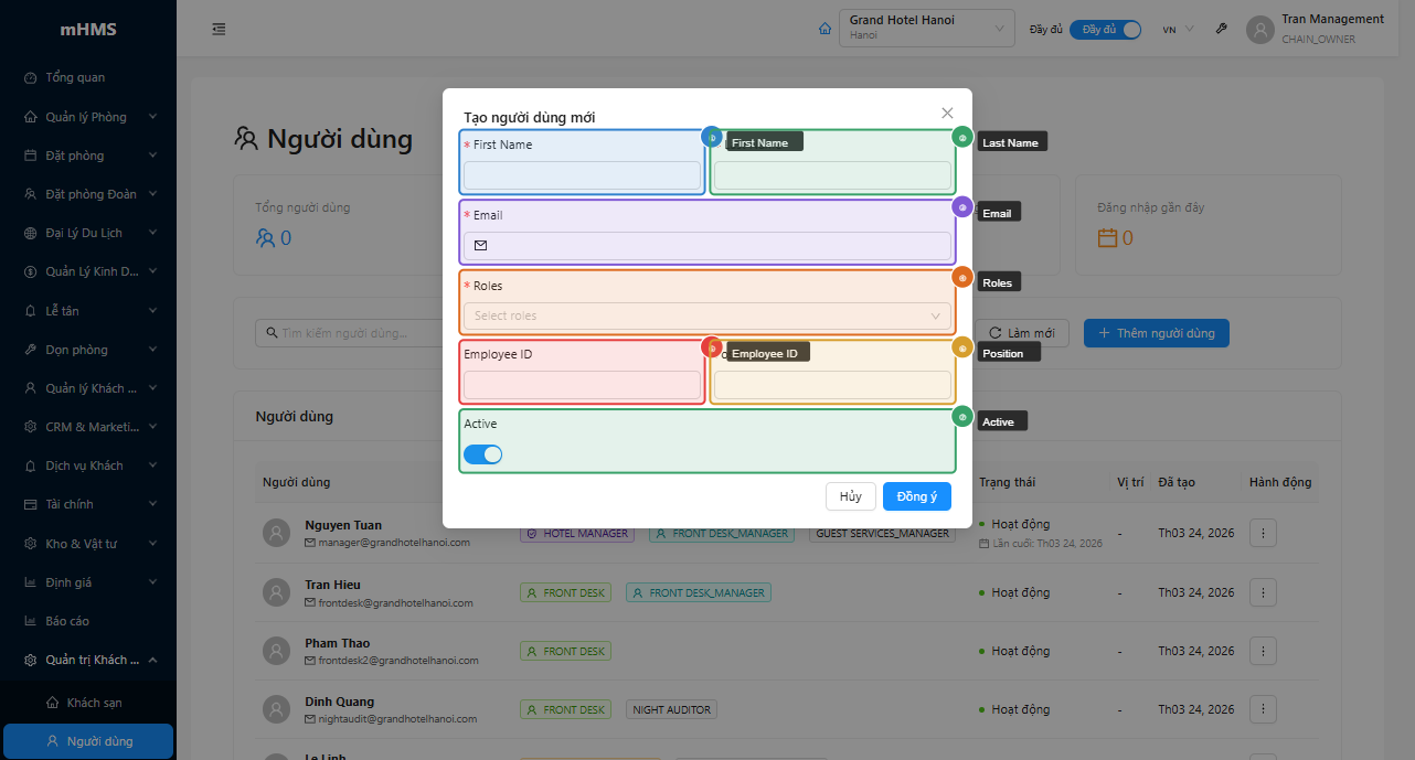 Form tạo tài khoản người dùng mới