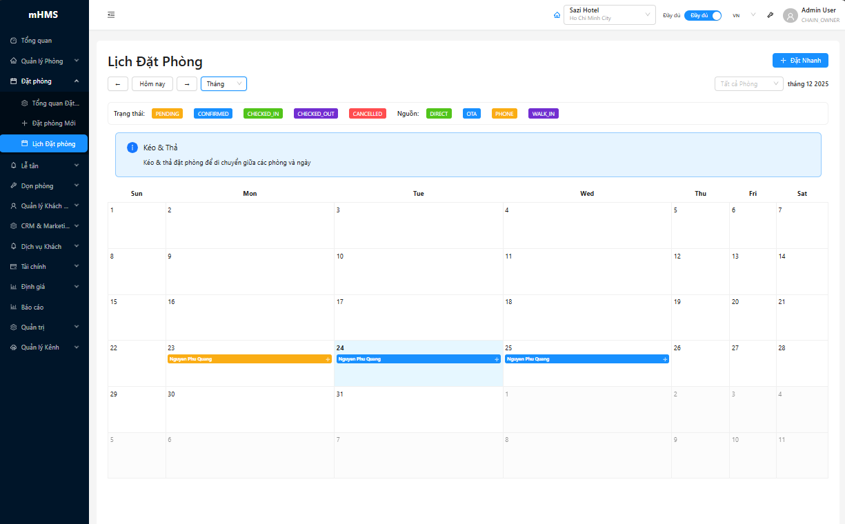 Lịch Đặt Phòng - Chế độ Tháng