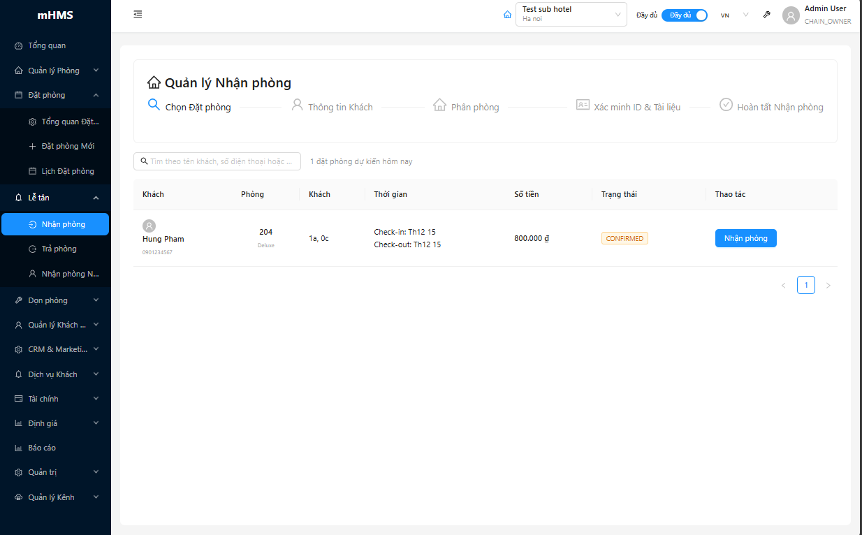 Danh sách khách nhận phòng