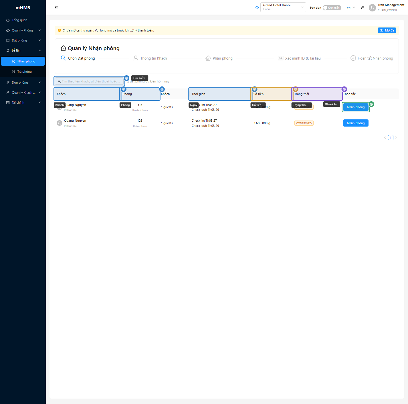 Danh sách pending check-ins