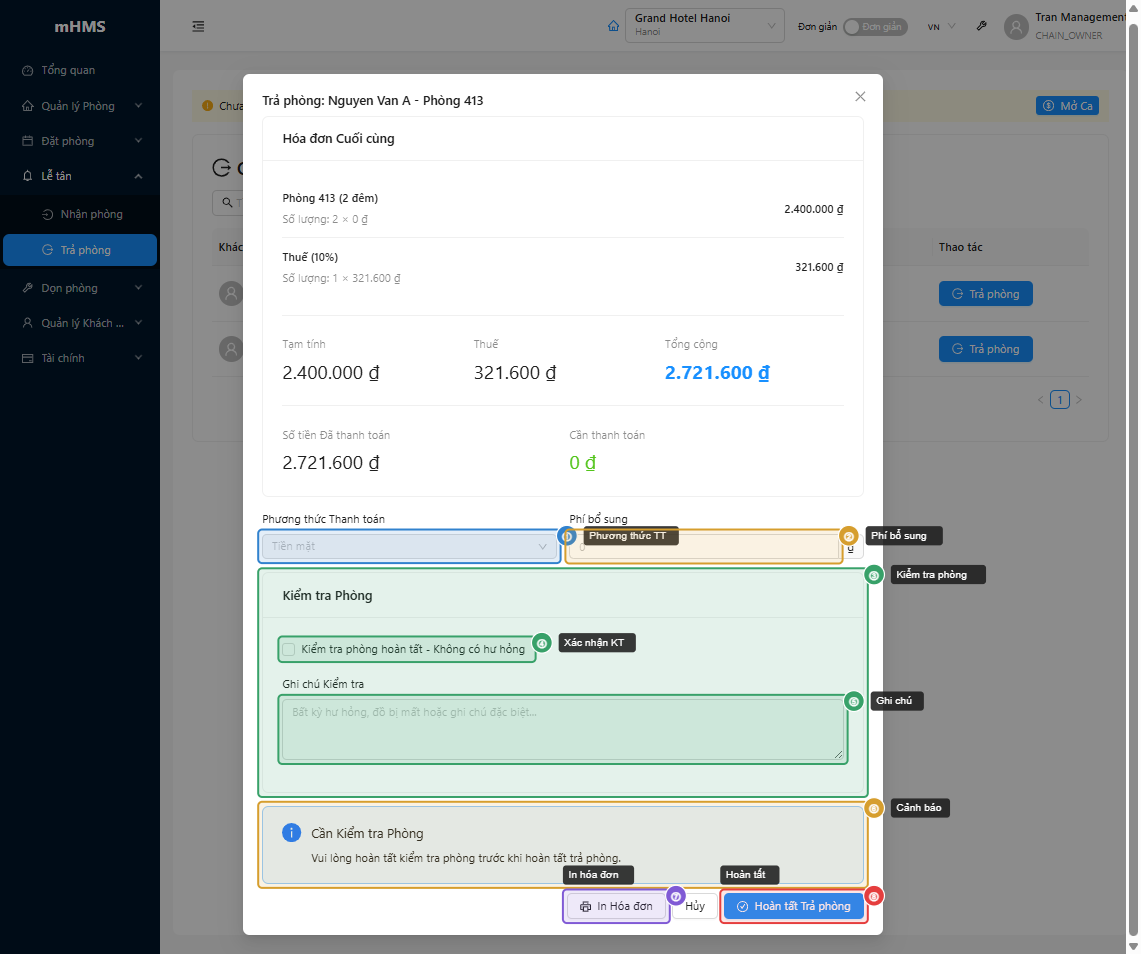 Modal — Thanh toán và kiểm tra