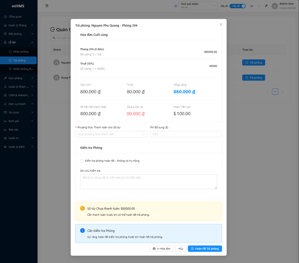Cửa sổ xử lý trả phòng