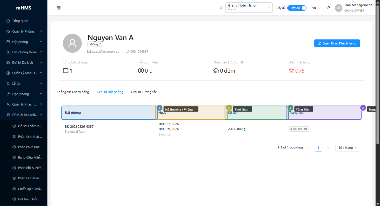Tab lịch sử đặt phòng trong hồ sơ khách hàng
