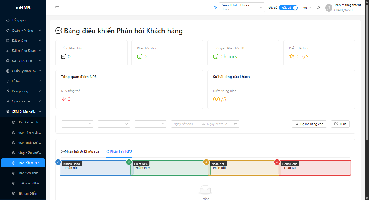 Tab NPS Responses với danh sách điểm và phân loại