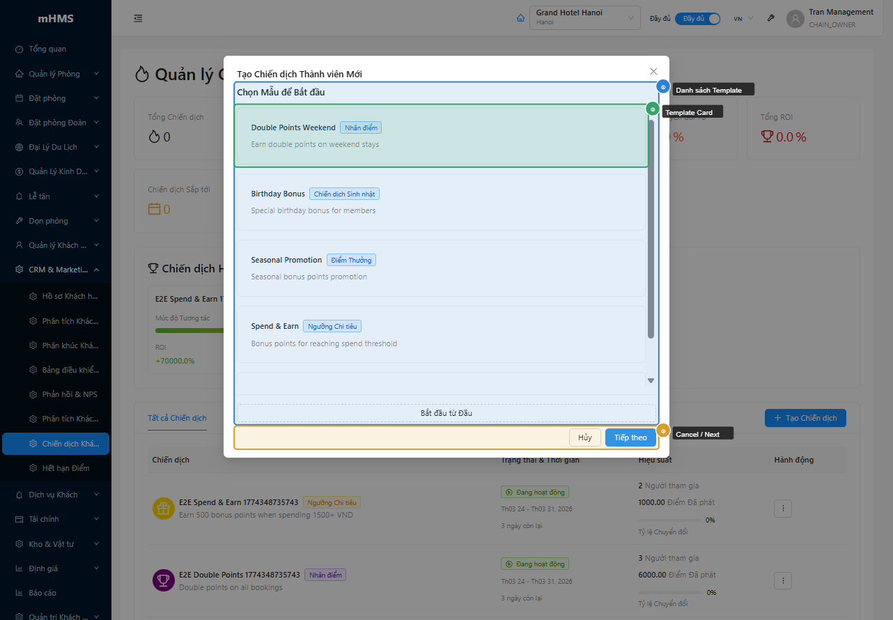 Modal chọn template campaign