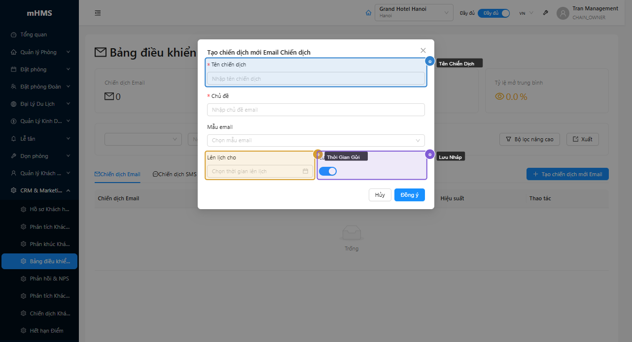 Modal tạo chiến dịch Email Campaign