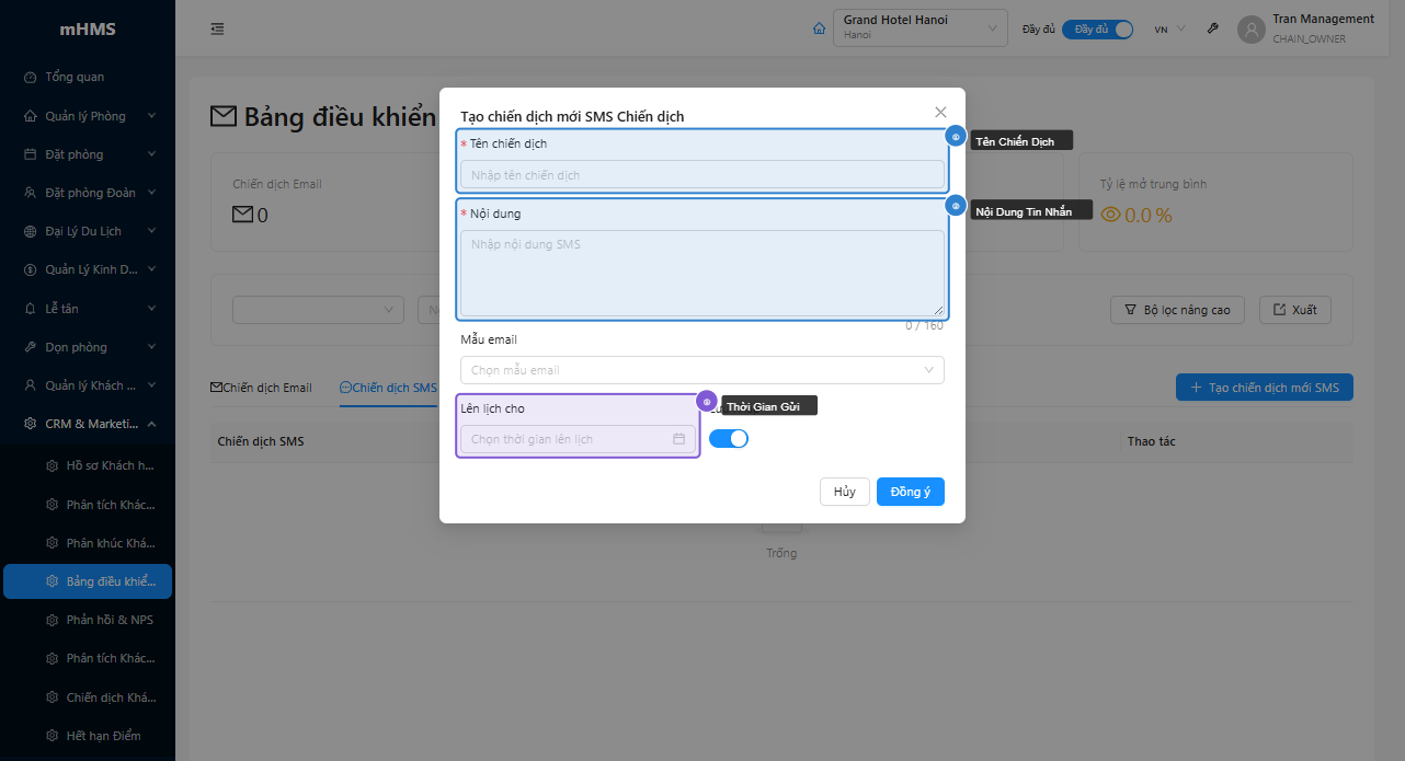 Modal tạo chiến dịch SMS Campaign