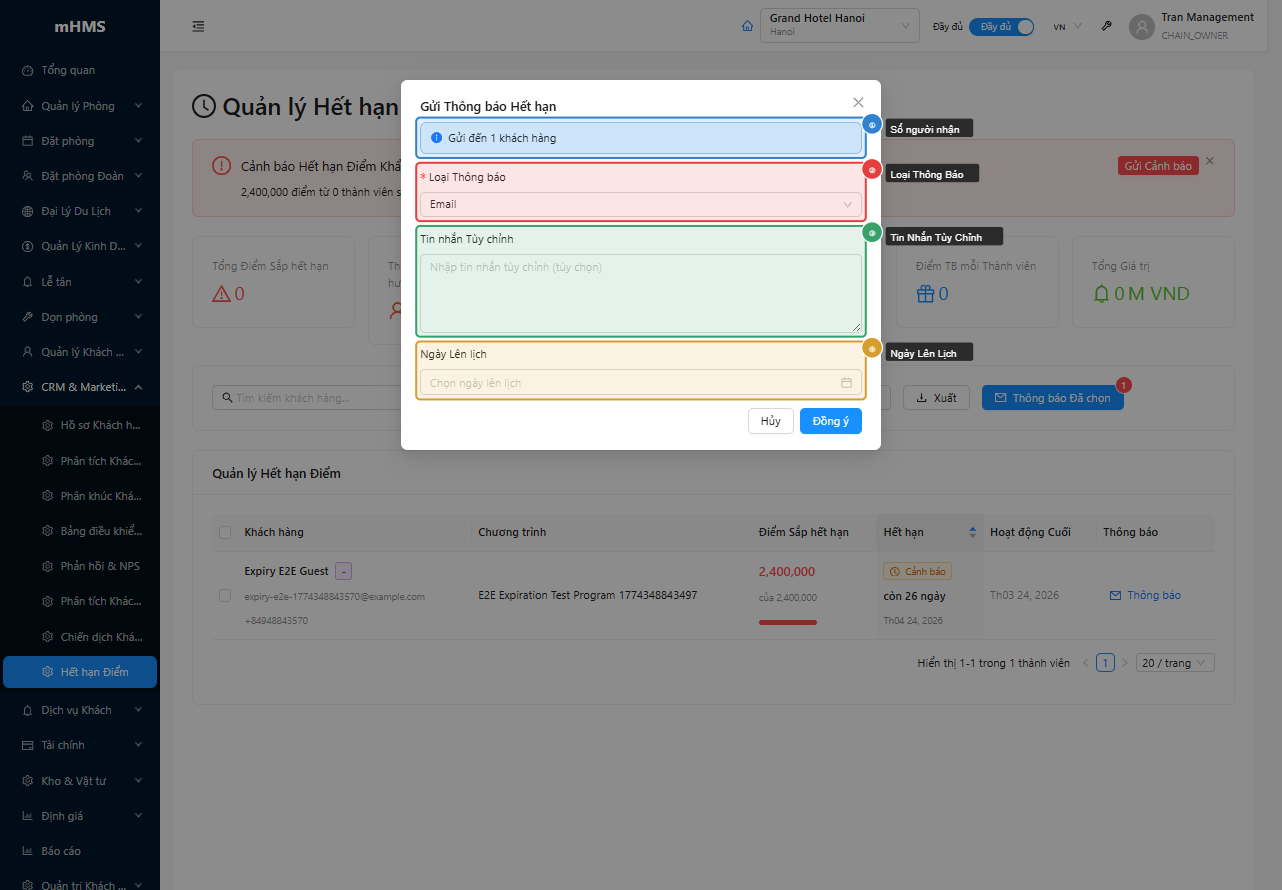 Modal gửi thông báo hết hạn điểm
