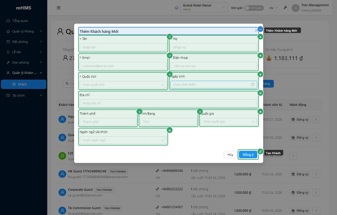 Modal tạo khách hàng