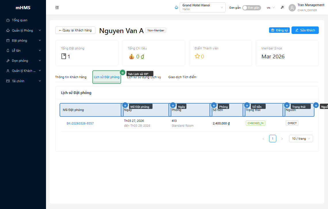 Guest detail — Booking History tab