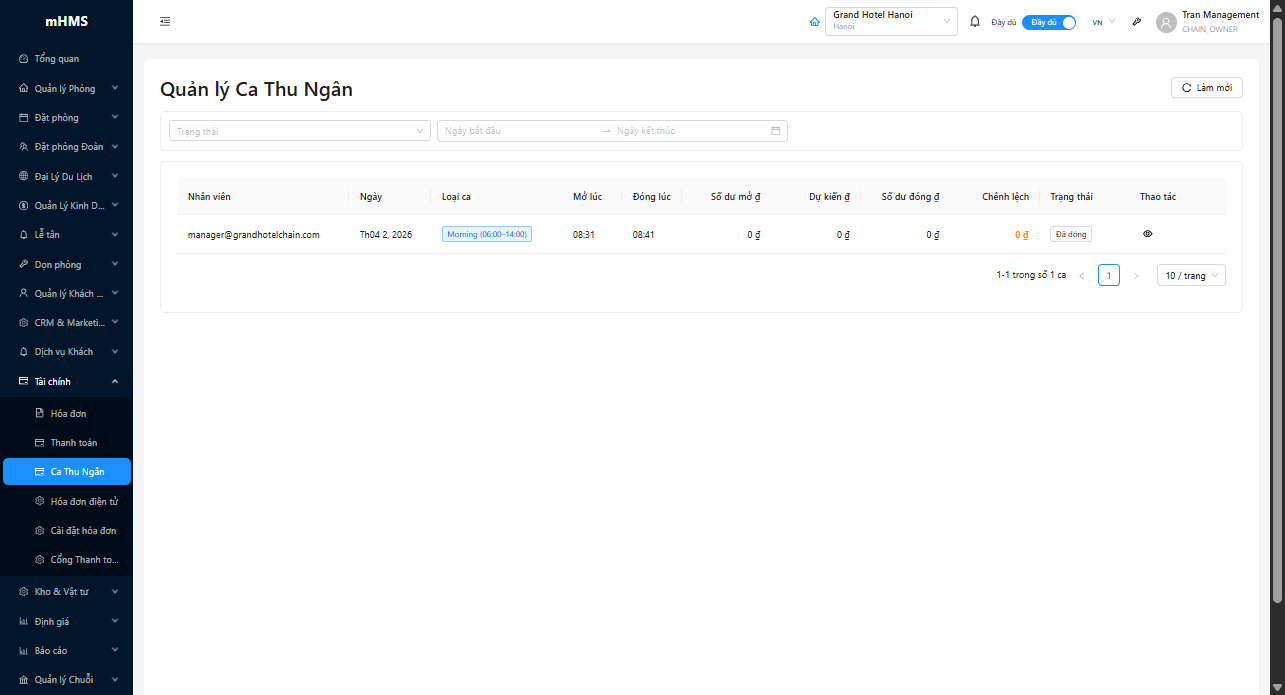 Drawer chi tiết ca — thông tin đầy đủ, tổng kết thanh toán và nút Force Close