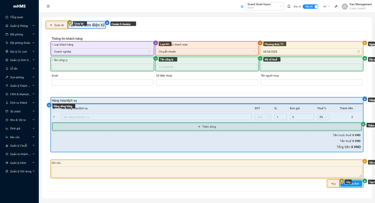 Form tạo hóa đơn điện tử — thông tin khách hàng, dòng hàng và tổng tiền
