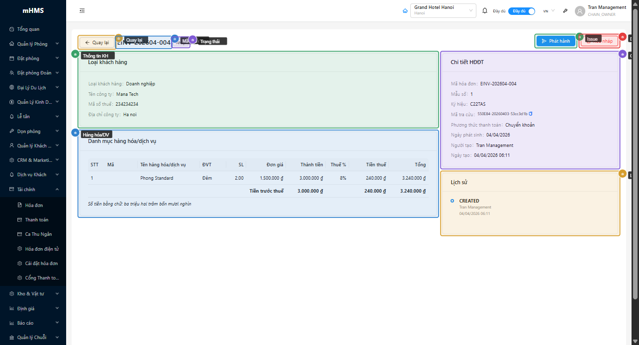 Trang chi tiết — header, thông tin khách, dòng hàng, chi tiết hóa đơn và lịch sử