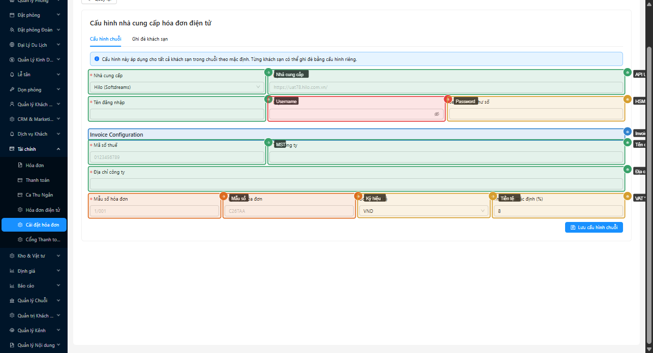Biểu mẫu cấu hình hóa đơn — phần Invoice Configuration