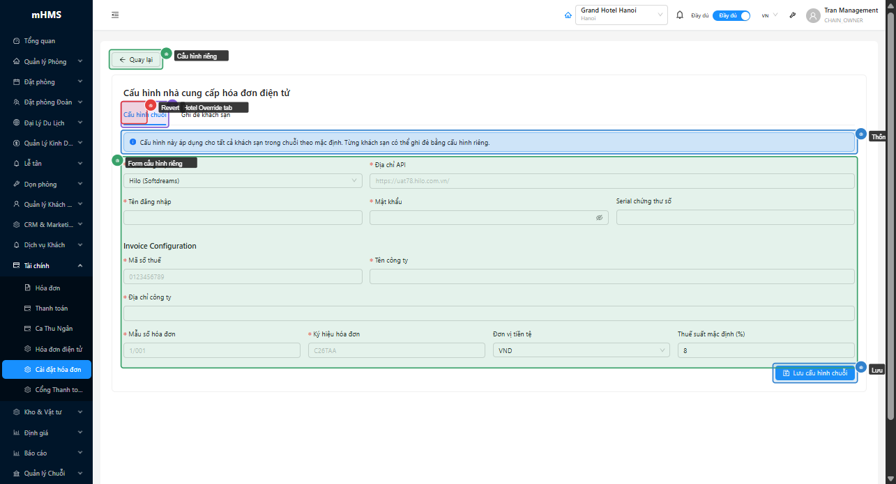 Tab Hotel Override — 3 trạng thái cấu hình khách sạn