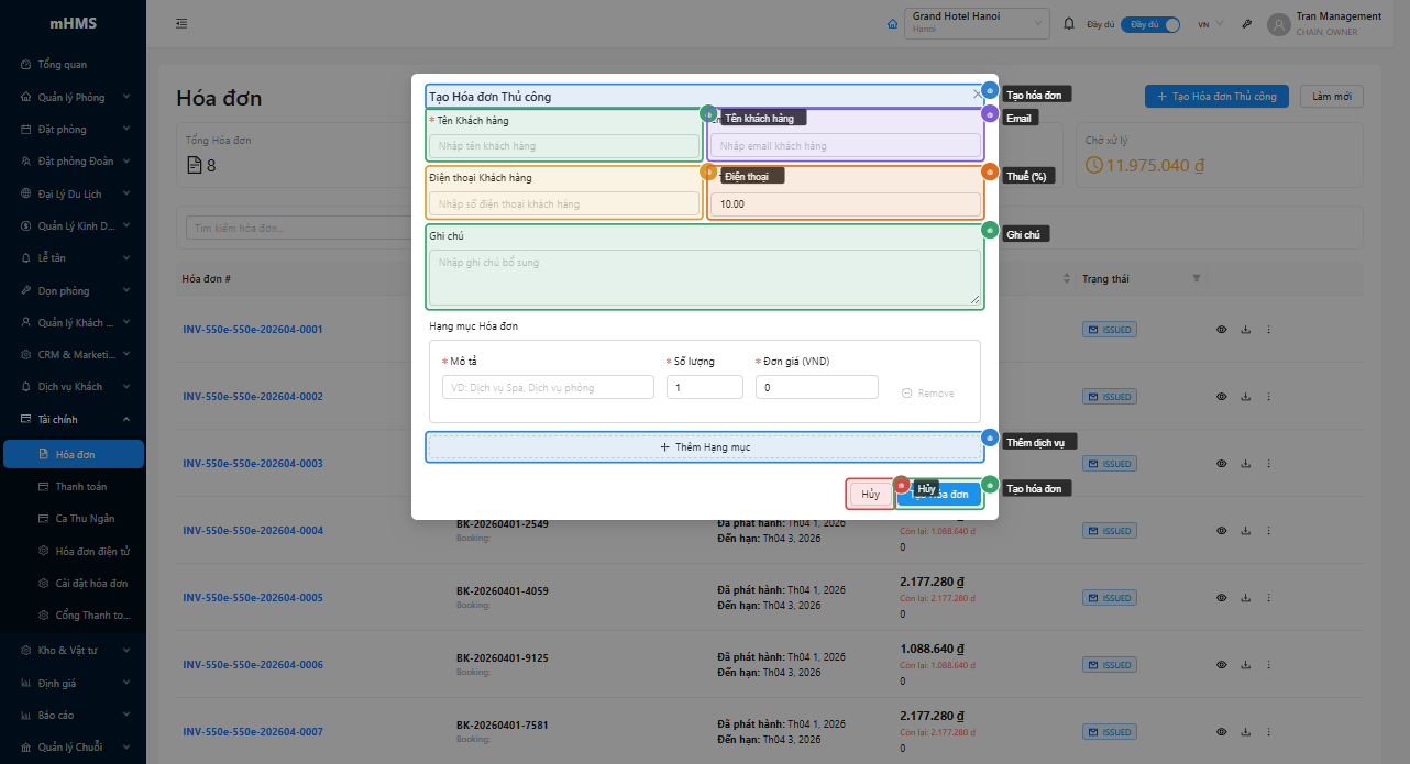 Modal tạo hóa đơn thủ công — form nhập thông tin khách và danh sách dịch vụ