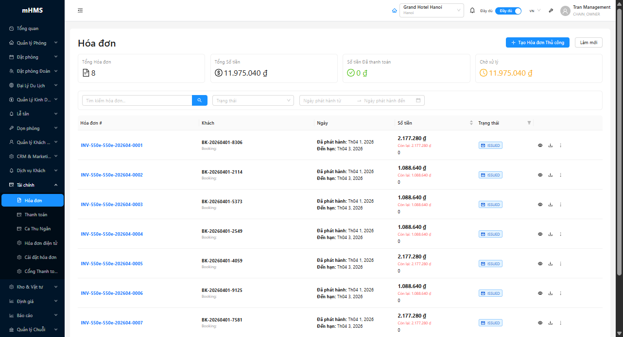 Modal hủy hóa đơn — xác nhận và nhập lý do