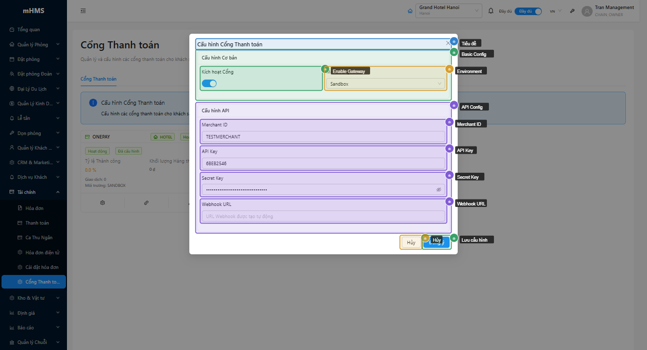 Modal cấu hình API — Basic Config và API Config
