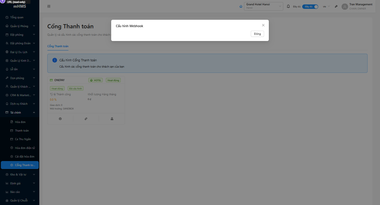 Modal xem Webhook URL — URL read-only và nút Copy