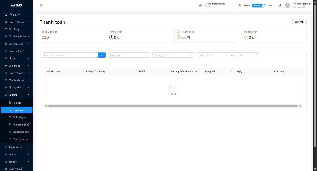 Modal chi tiết giao dịch — thông tin đầy đủ và nút thao tác