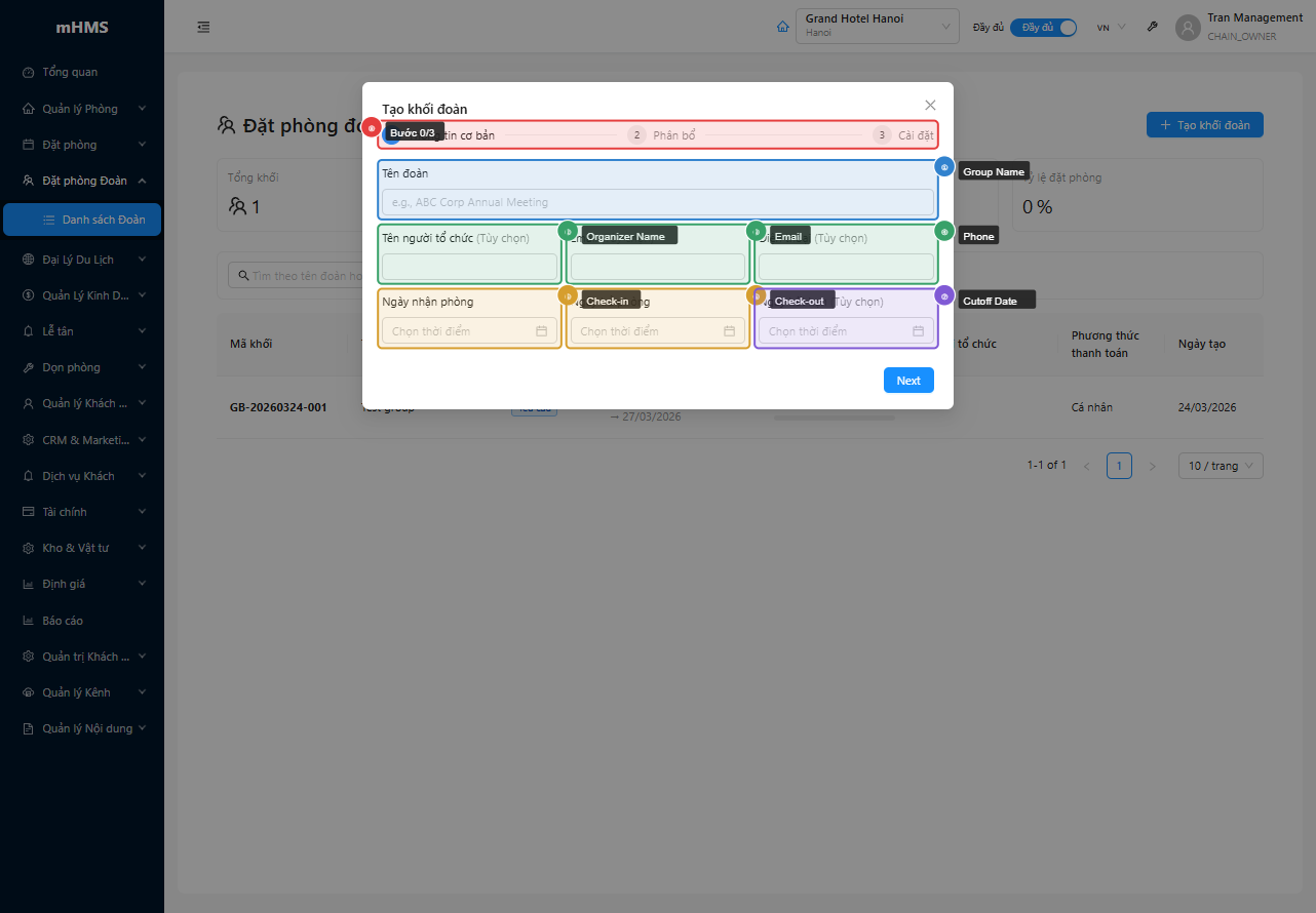 Create wizard bước 0 — thông tin nhóm và ngày