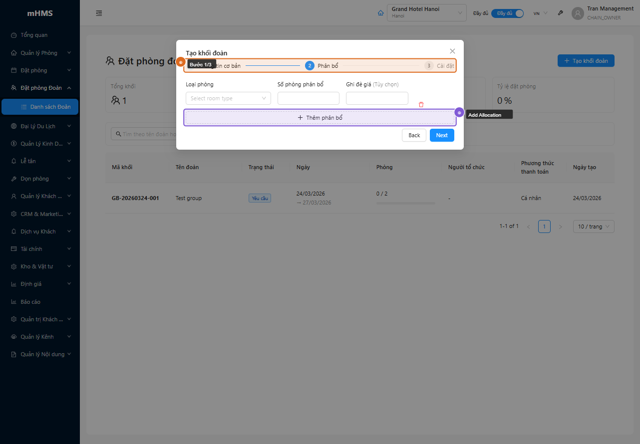 Create wizard bước 1 — phân bổ loại phòng