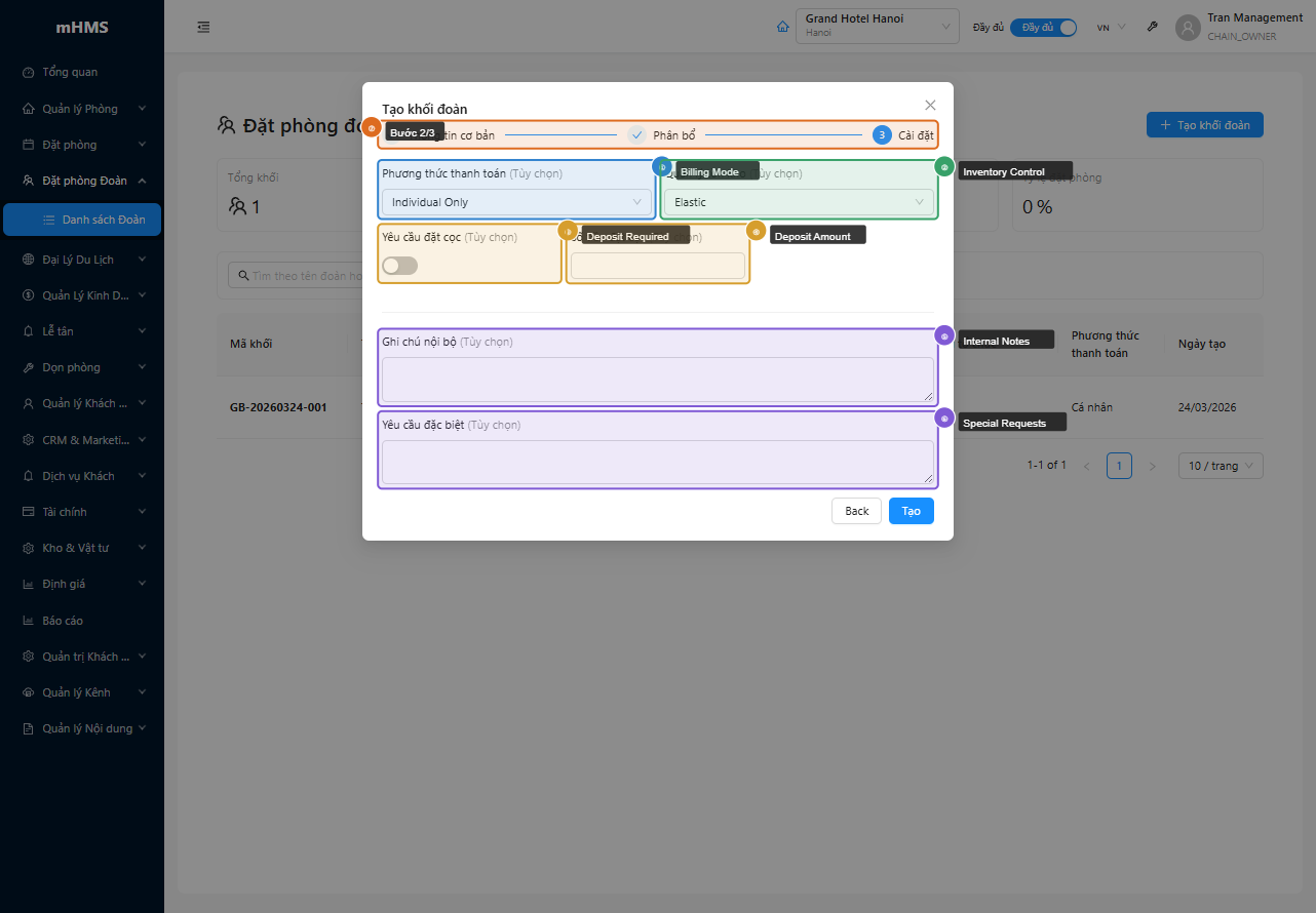 Create wizard bước 2 — billing, deposit và ghi chú
