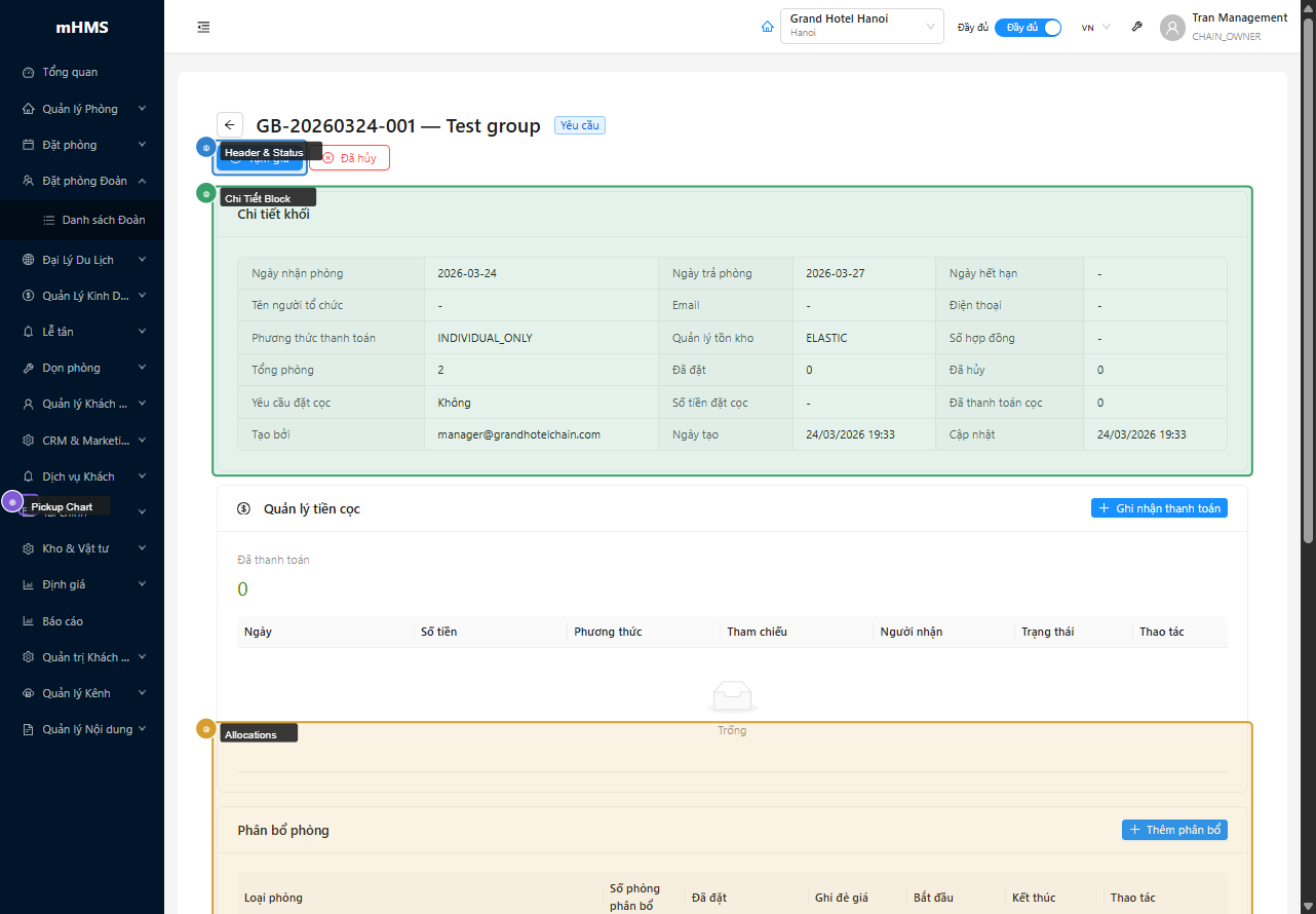 Detail page: header, thông tin block và bảng allocations