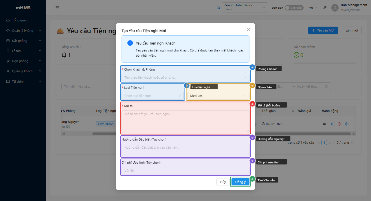 Modal tạo yêu cầu tiện nghi