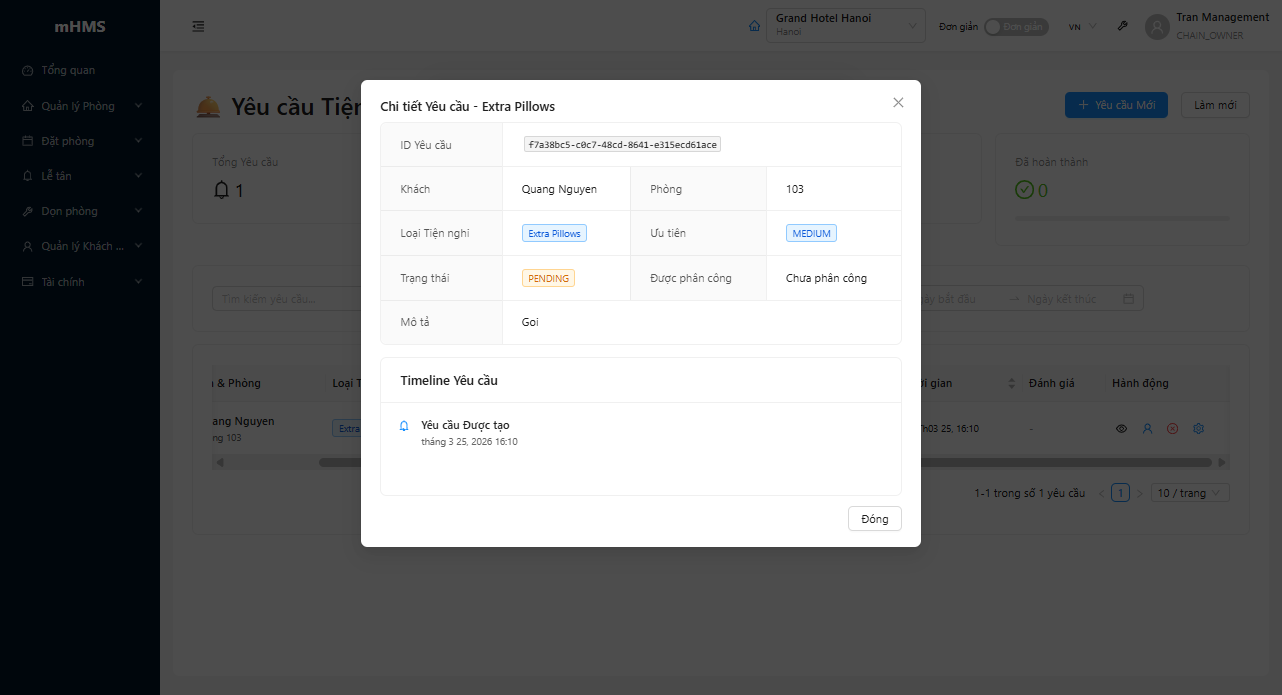 Modal chi tiết yêu cầu và timeline