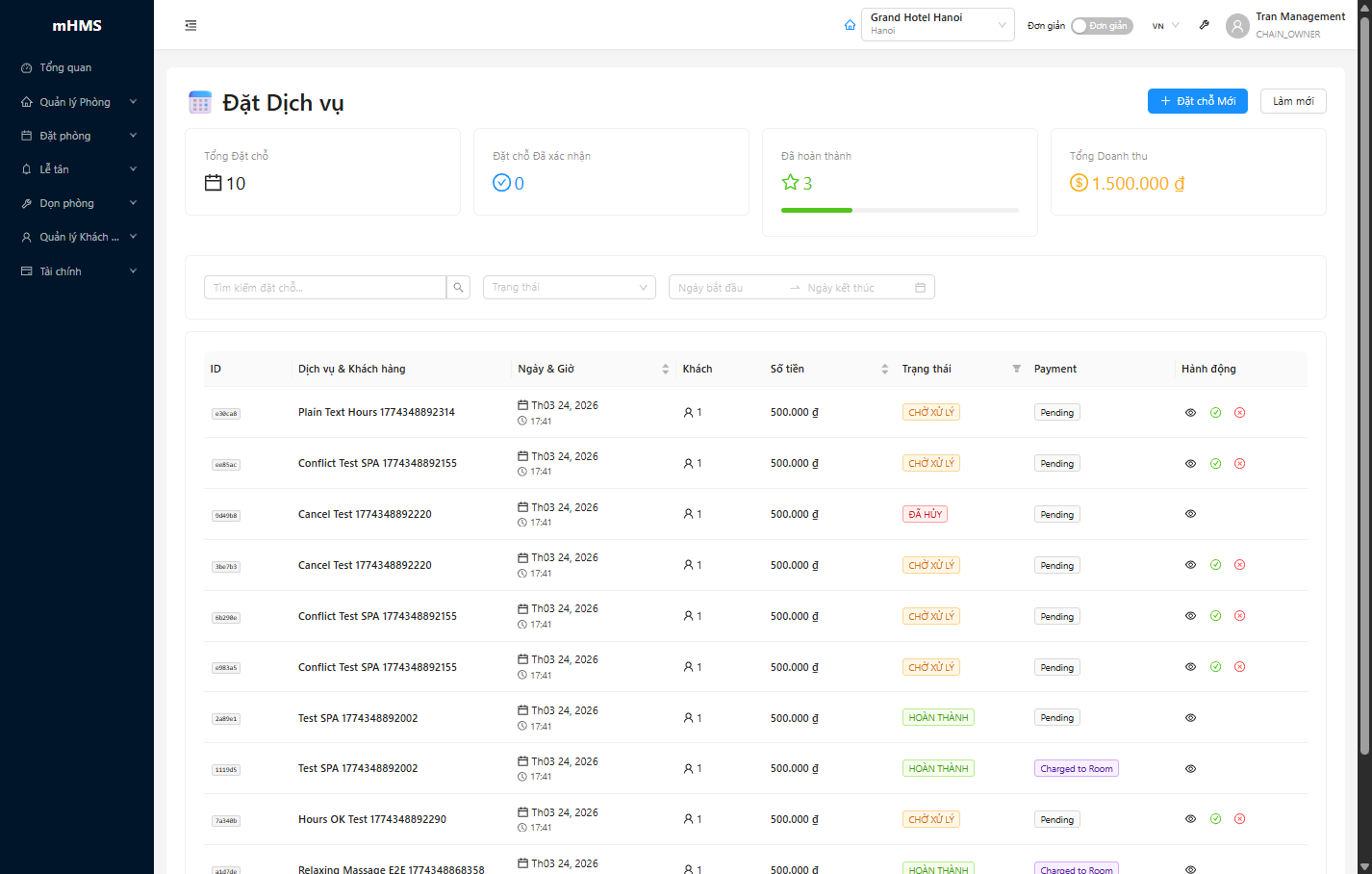 Modal tạo đặt dịch vụ — bước điền dịch vụ