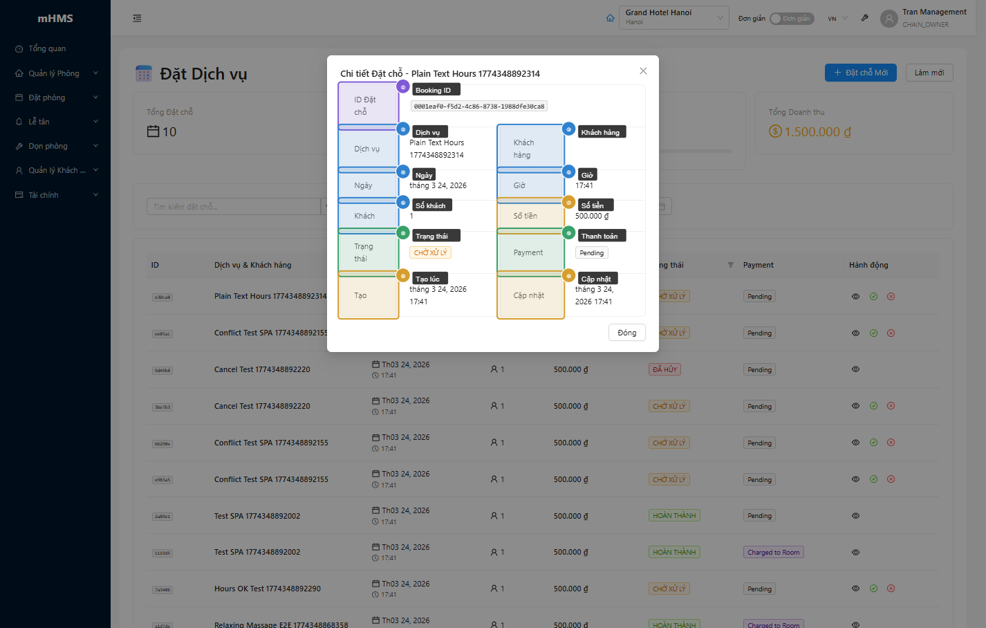 Modal xem chi tiết booking dịch vụ