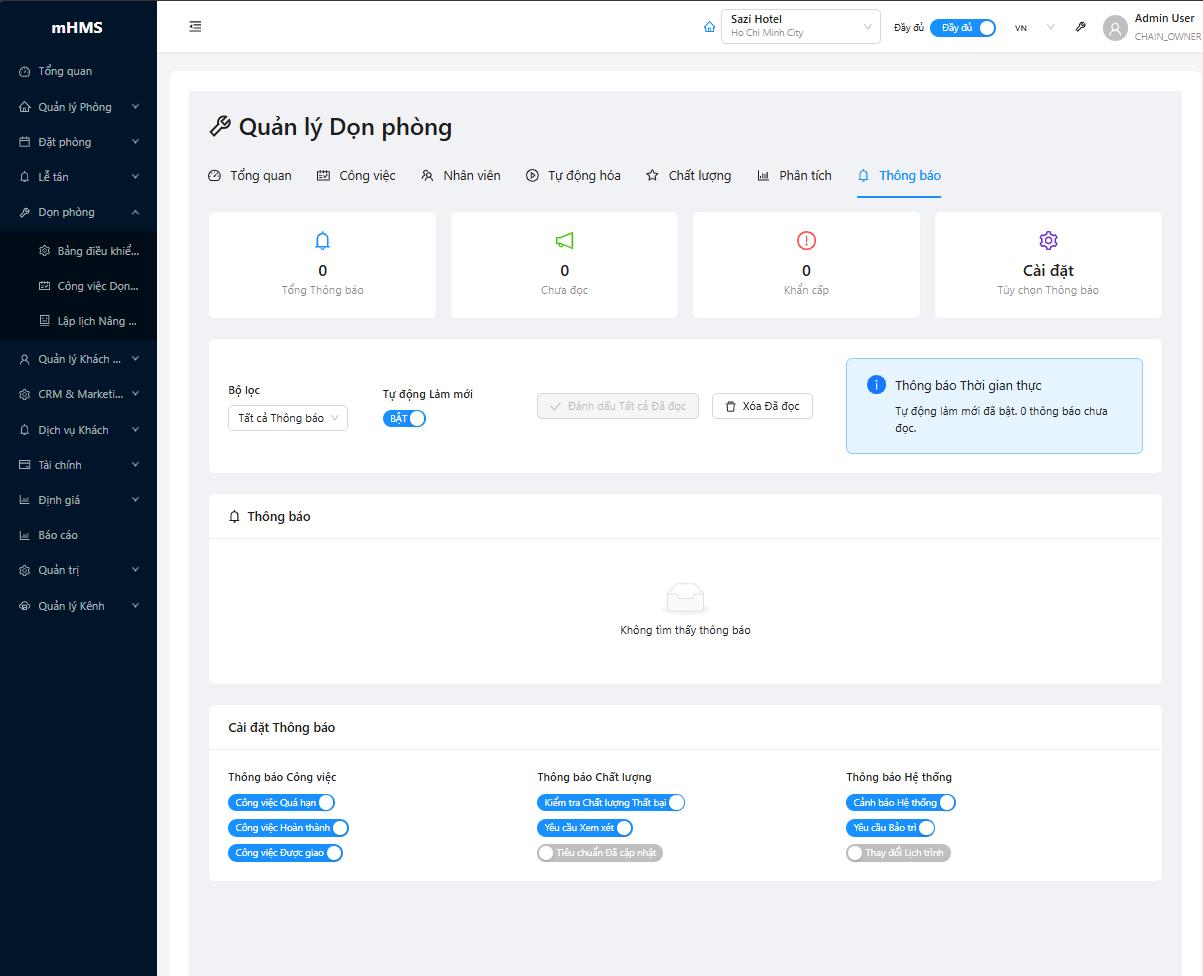 Bảng Cài Đặt Thông Báo Dọn Phòng