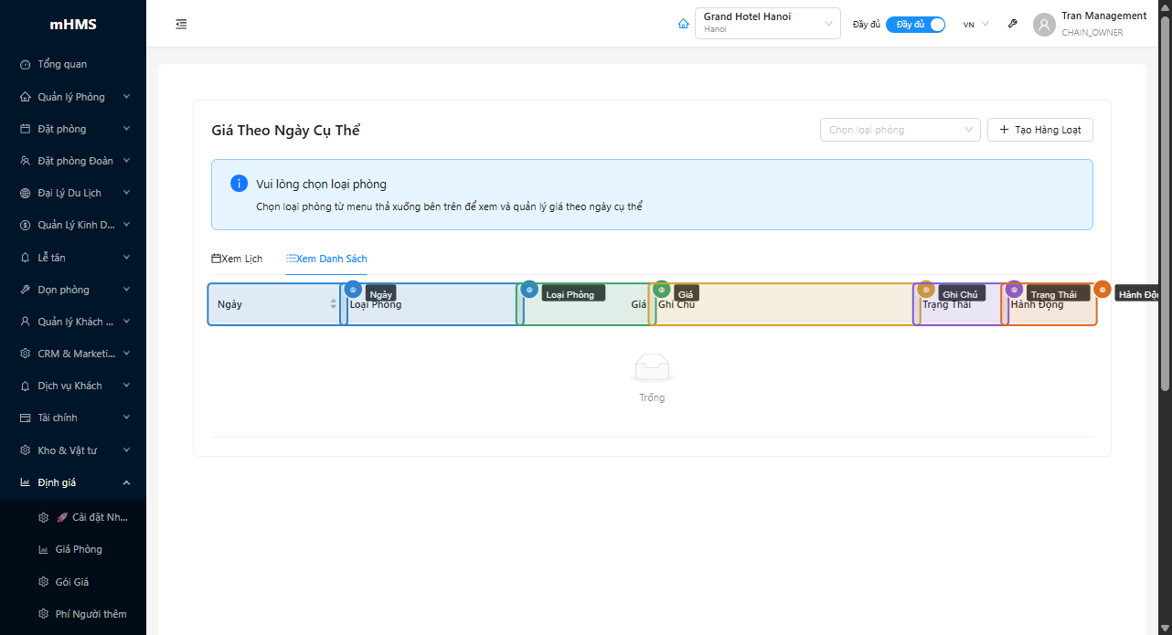 Bảng danh sách giá theo ngày