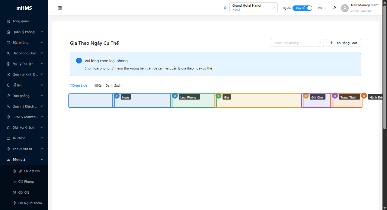 Modal tạo giá cho ngày cụ thể