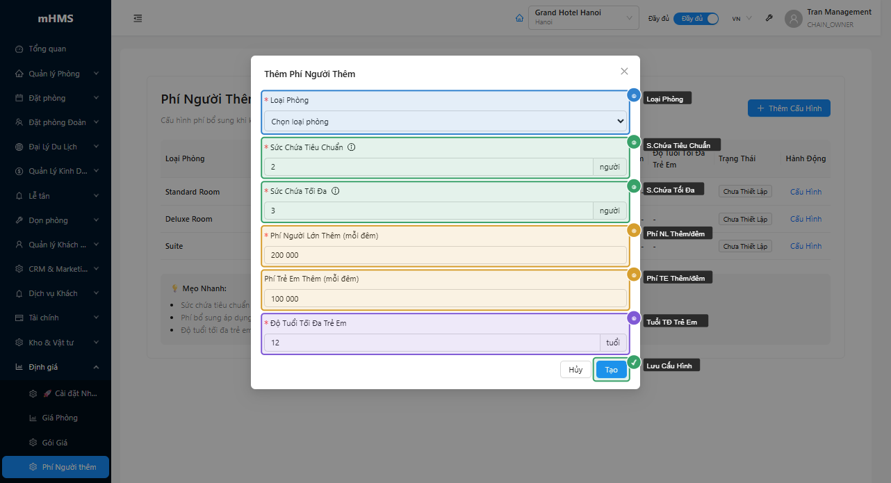 Modal tạo phụ thu khách thêm với xem trước giá