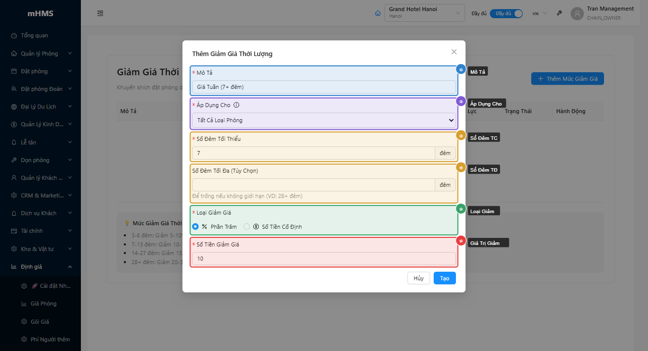 Modal tạo giảm giá LOS với xem trước tiết kiệm