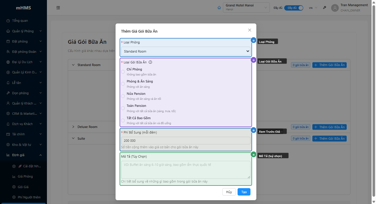 Modal tạo gói bữa ăn với xem trước giá