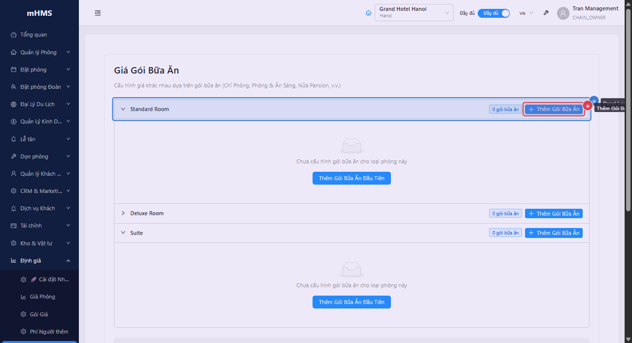 Danh sách gói bữa ăn theo loại phòng dạng thẻ