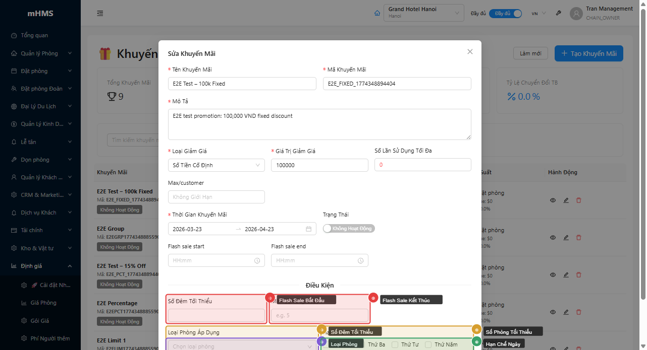 Phần dưới modal tạo khuyến mãi — flash sale và điều kiện áp dụng