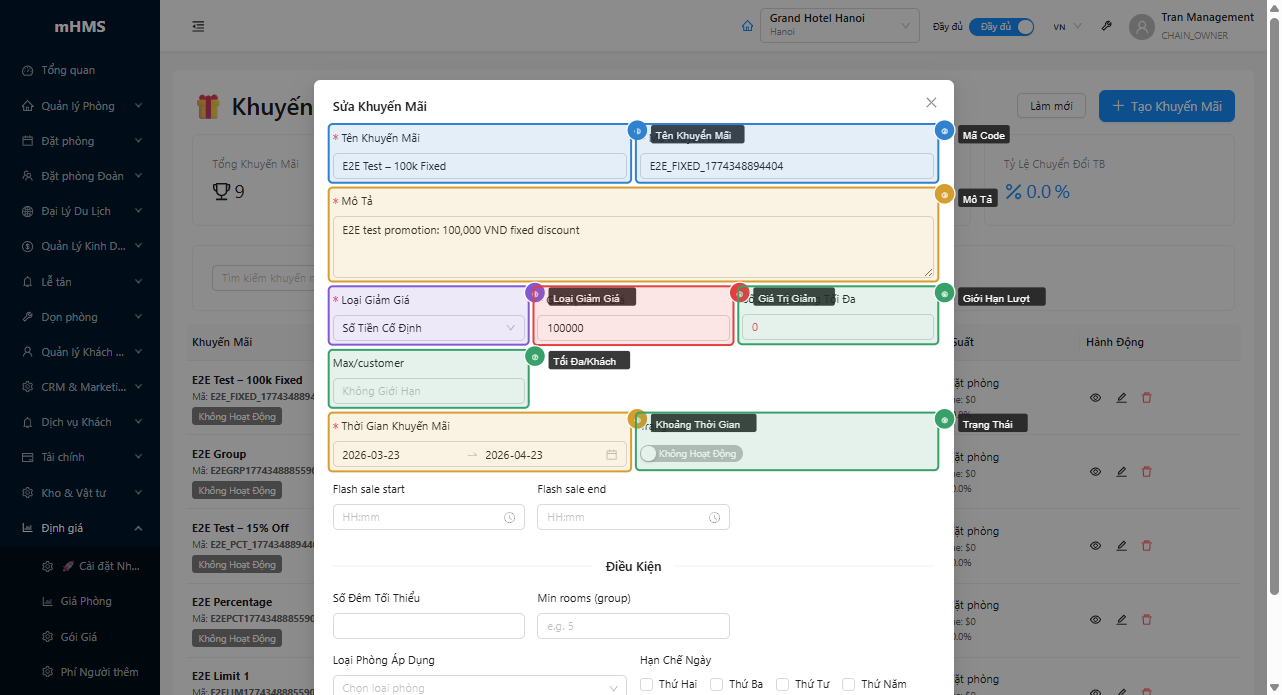 Phần trên modal tạo khuyến mãi — thông tin cơ bản và cấu hình giảm giá