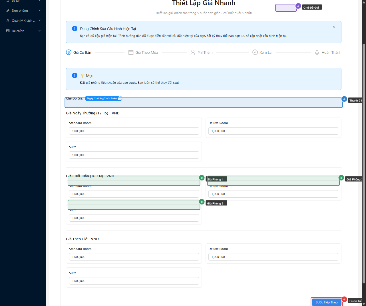 Thiết lập giá cơ bản cho từng loại phòng