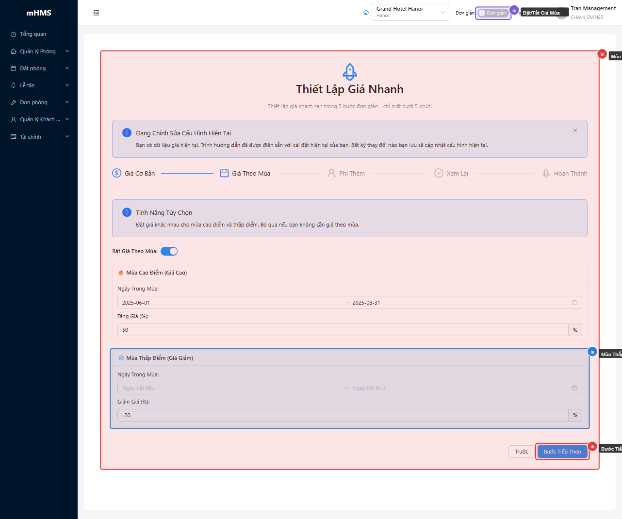 Thiết lập giá mùa cao điểm và thấp điểm