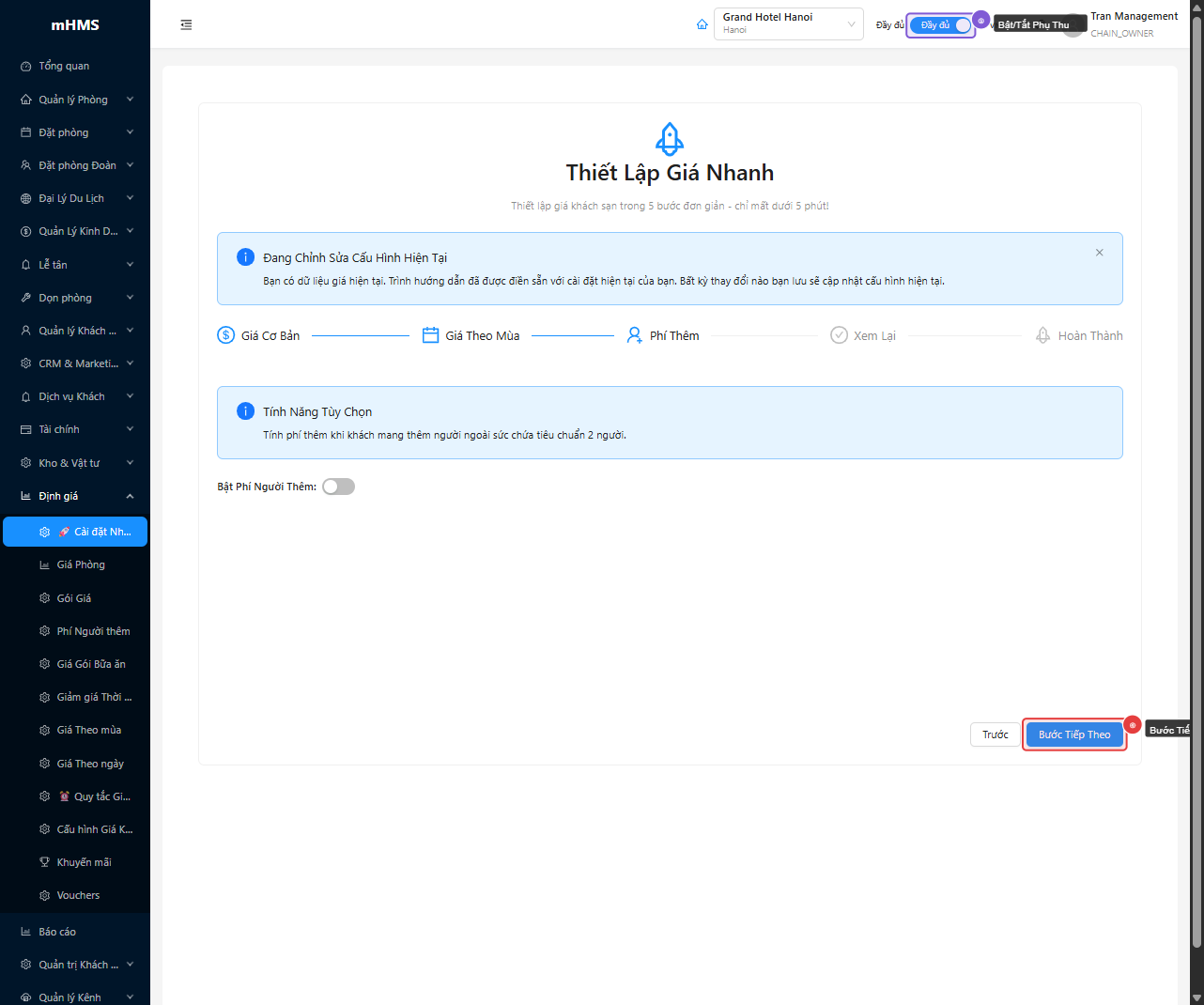 Thiết lập phụ thu cho khách vượt tiêu chuẩn