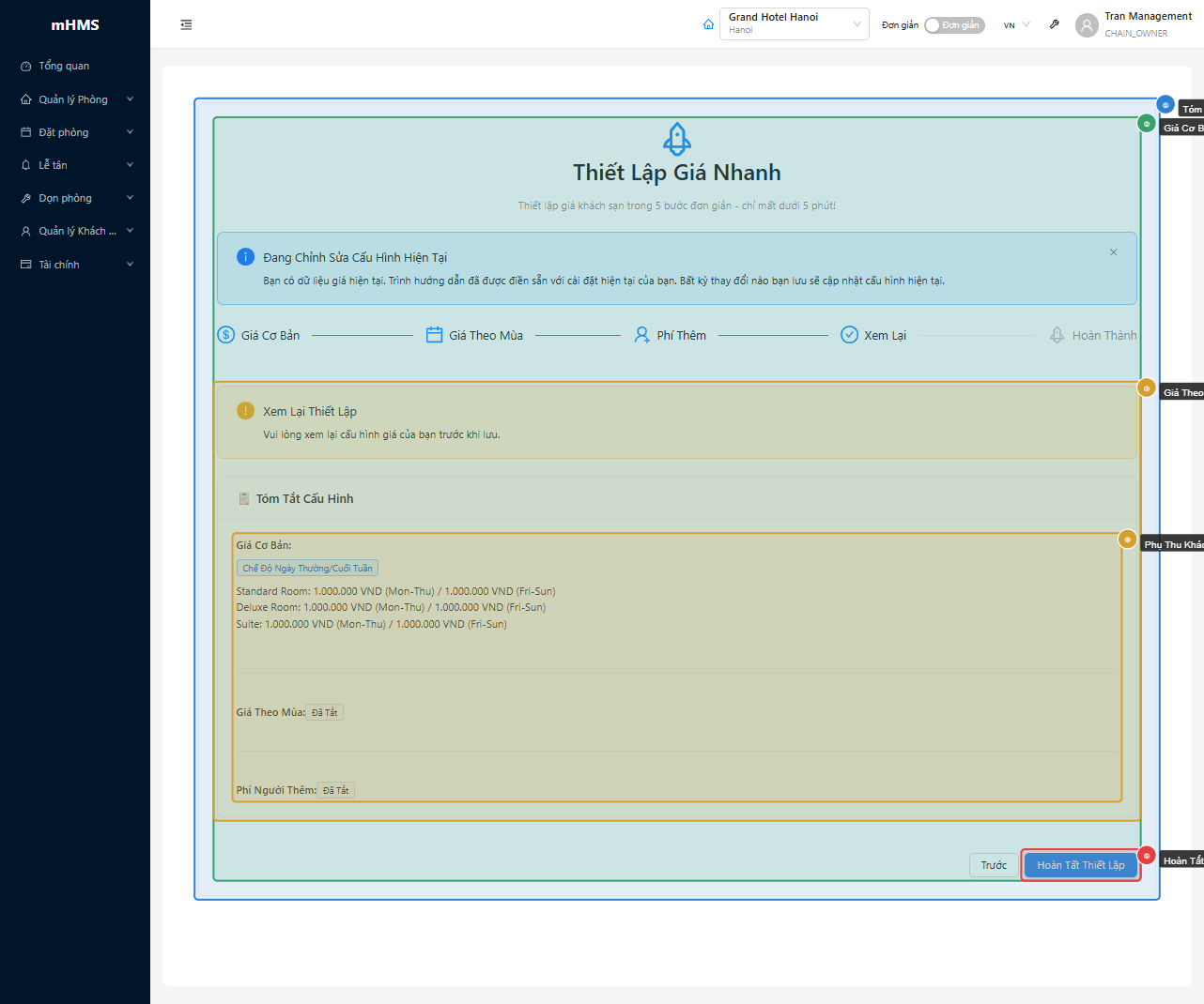 Xem lại toàn bộ cấu hình giá trước khi lưu