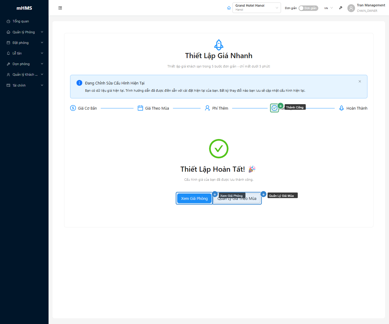 Màn hình xác nhận thiết lập giá thành công