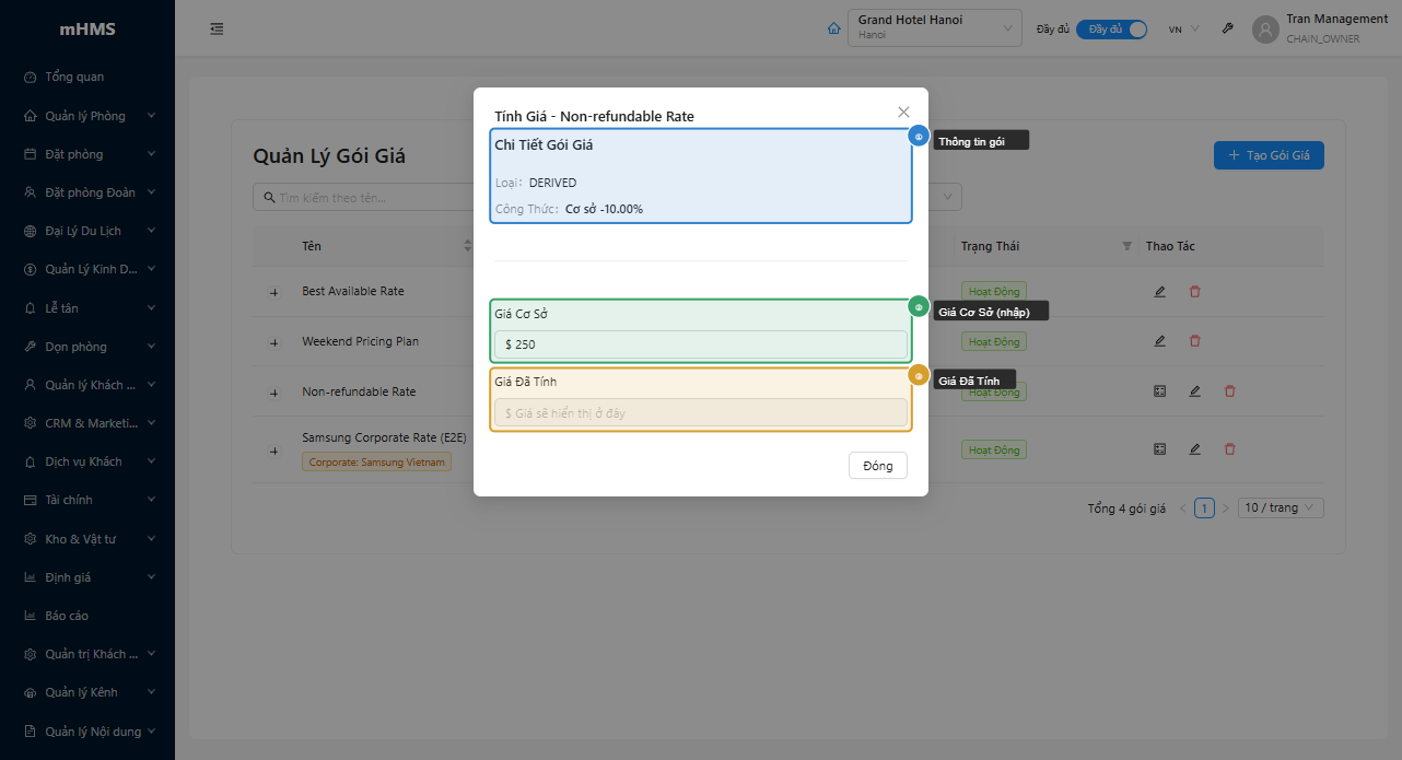 Modal tính giá cho gói dẫn xuất