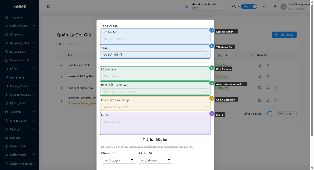 Form tạo gói giá mới